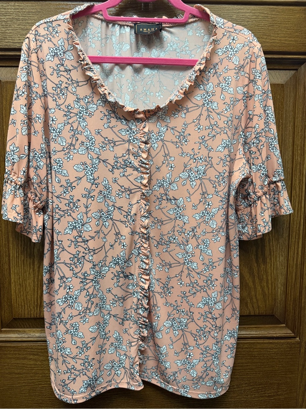 Amiana Peach Floral Ruffle-Trim Button Front Top